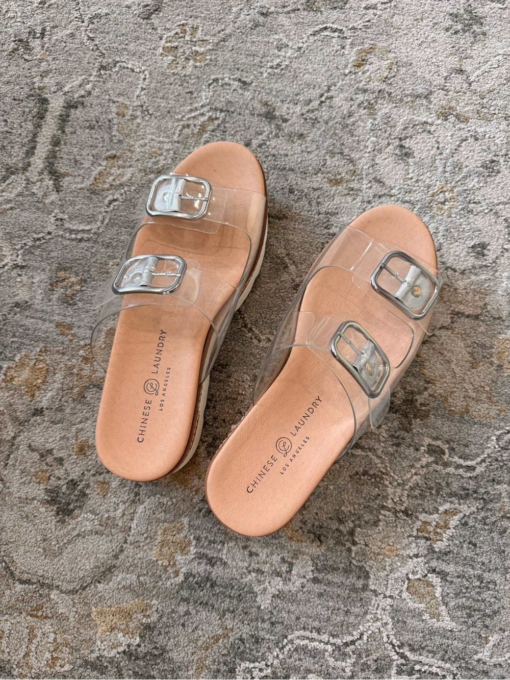 Chinese Laundry Clear Double-Buckle Slide Sandals with Nude Footbed